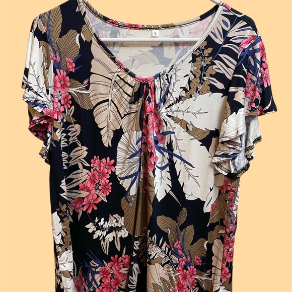 Womens Floral Leaves Short Flutter Sleeve Ruched V-Neck T-shirt Tee Top Blouse - Picture 1 of 4